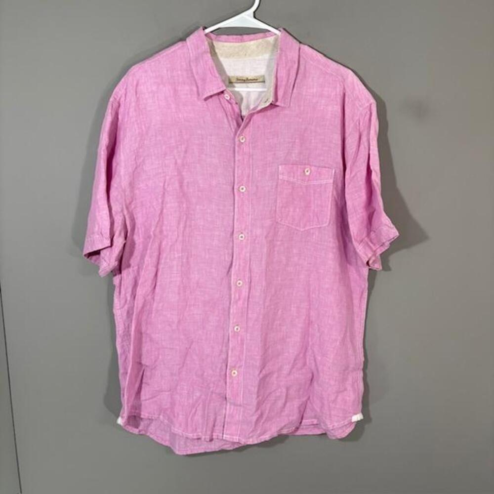 Tommy Bahama Shirt Mens XL Pink Solid Linen Short Sleeve Button Up Casual
